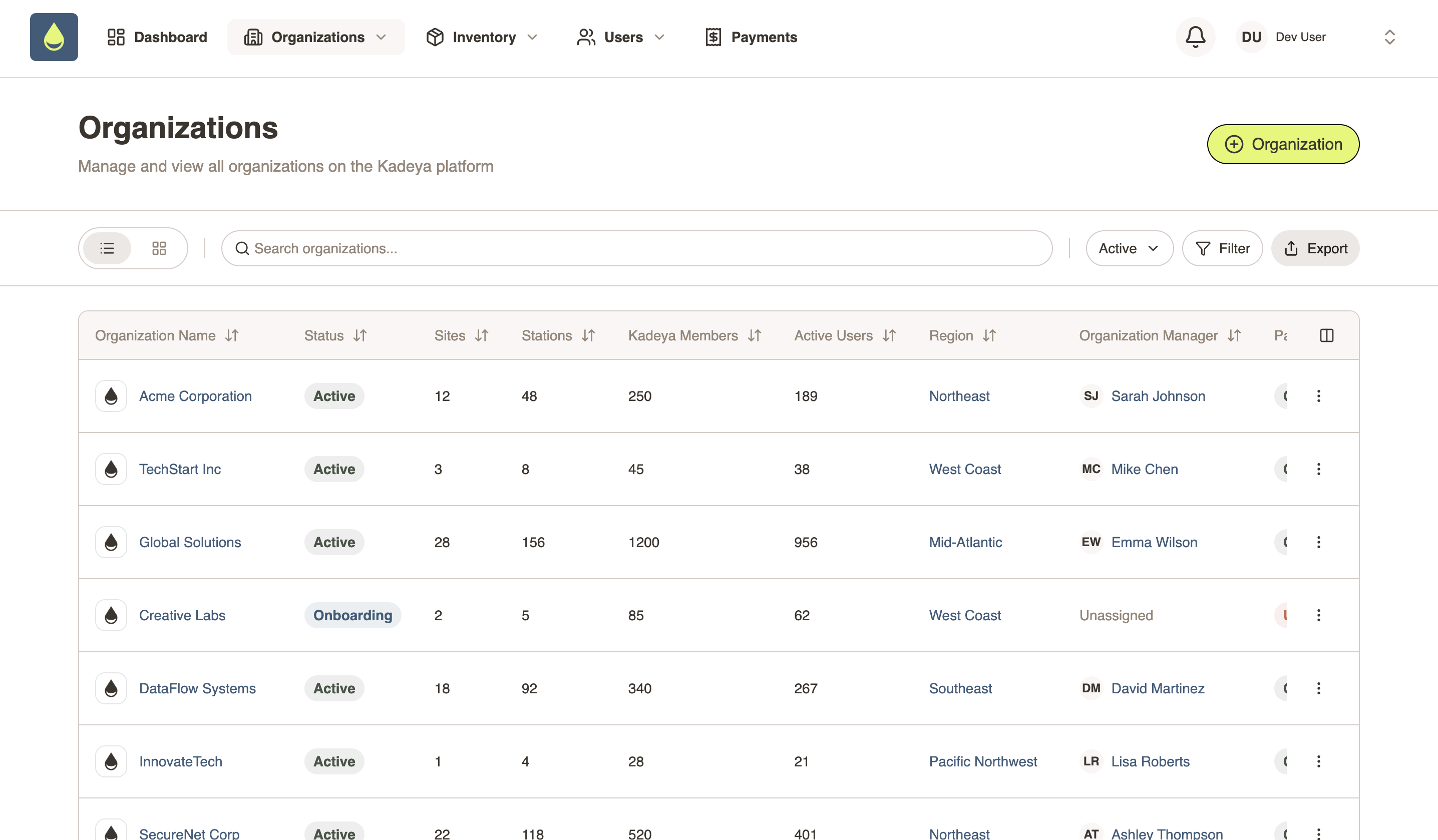 Kadeya operations portal — Organizations — list view
