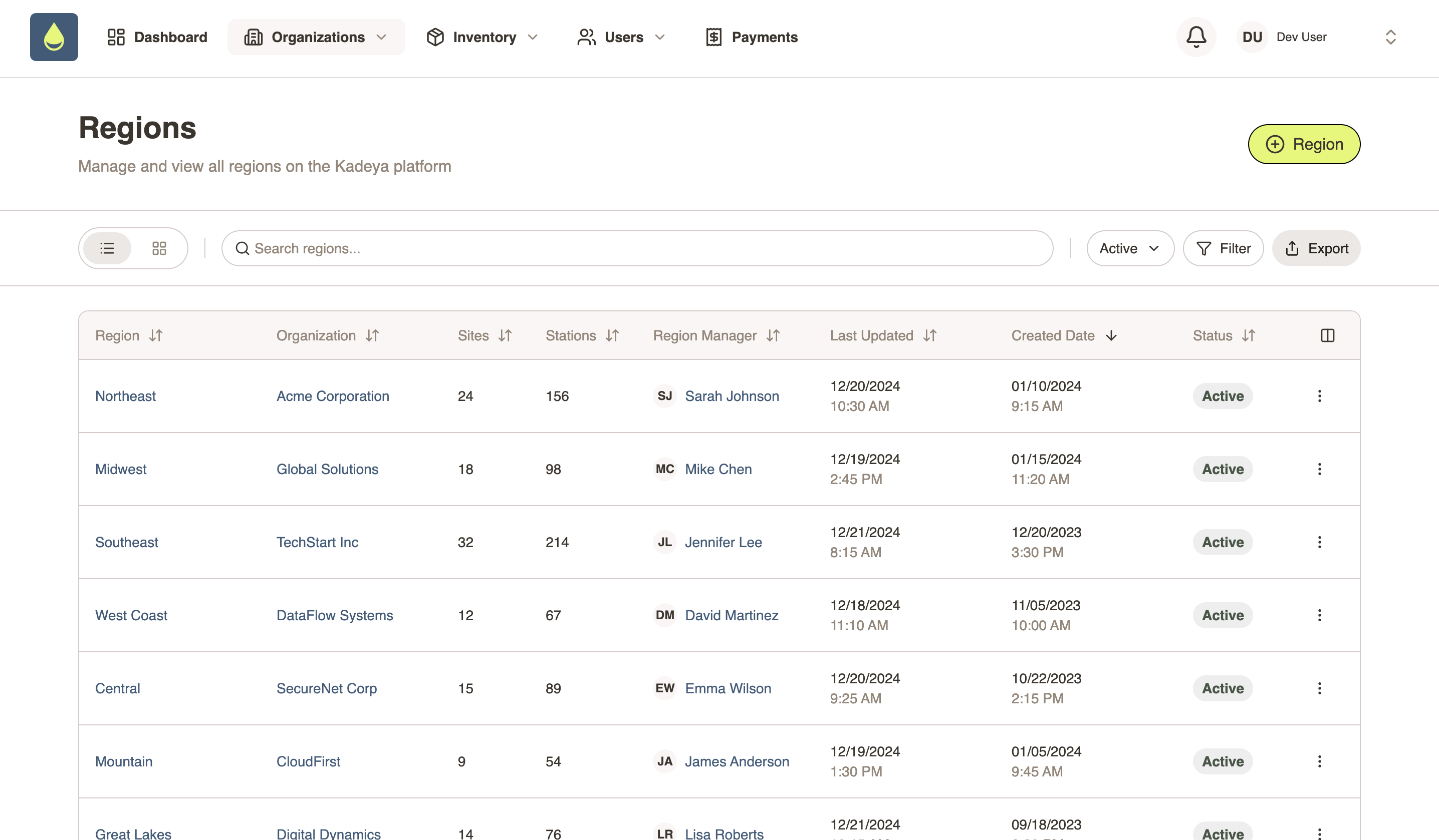 Kadeya operations portal — Regions