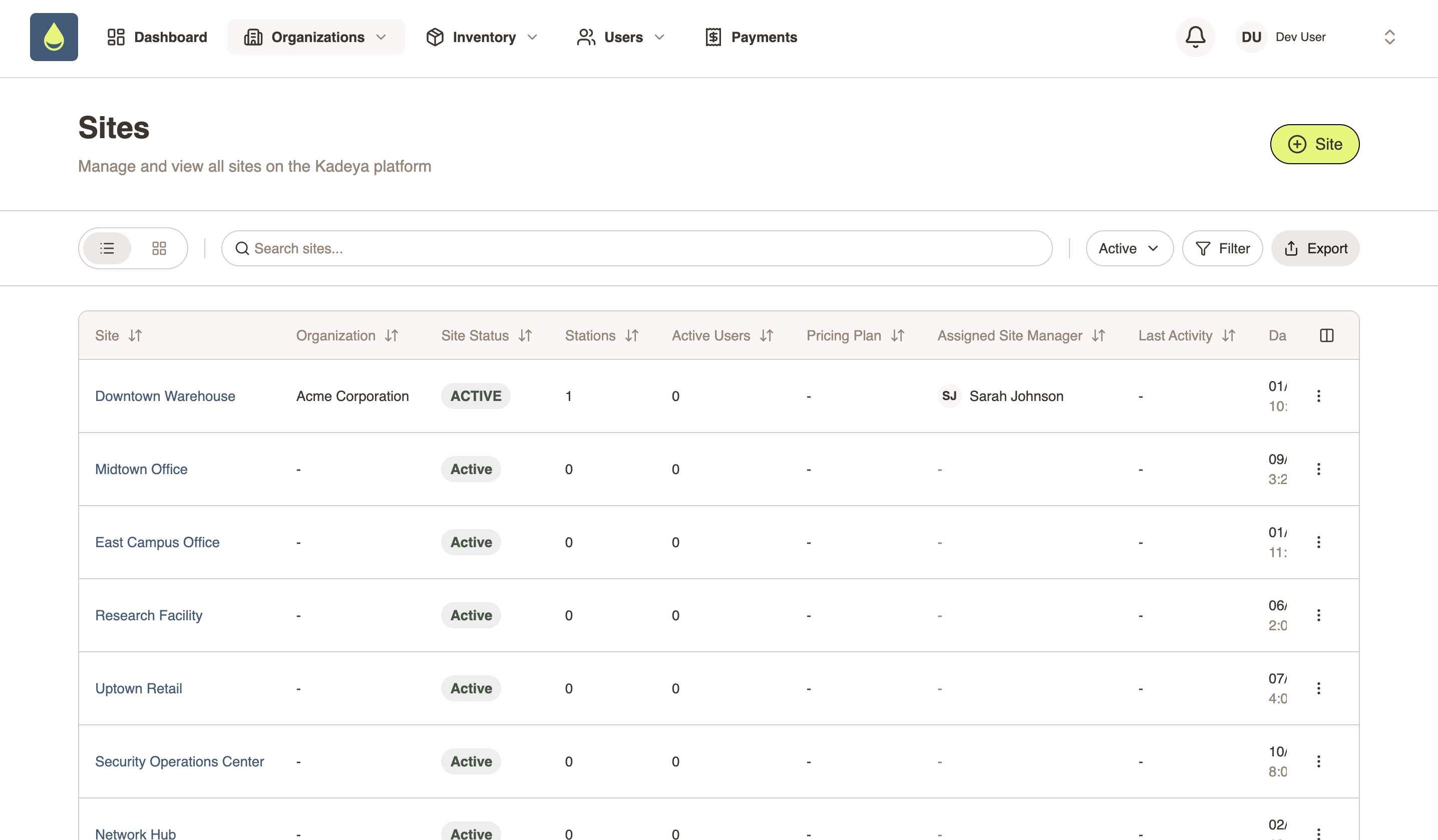 Kadeya operations portal — Sites