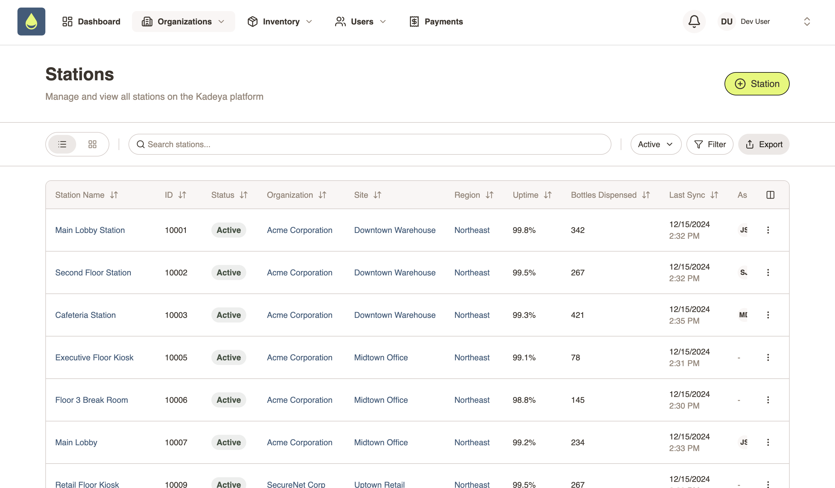 Kadeya operations portal — Stations — list view